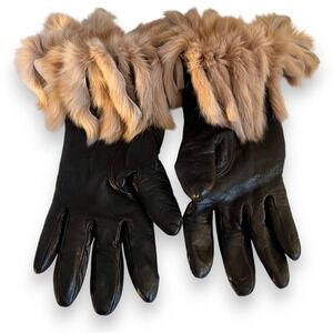 Portolano Brown Italian Leather Gloves Fur Cuff Cashmere Lined Women's Size 6.5